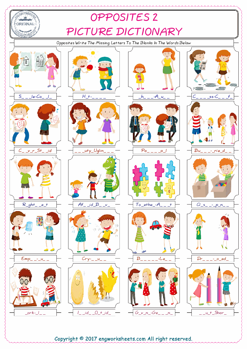  Opposites Words English worksheets For kids, the ESL Worksheet for finding and typing the missing letters of Opposites Words 